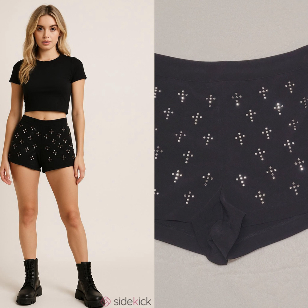 90s Vintage Umgee Black Crystal Studded Cross High Waisted Mini Shorts M